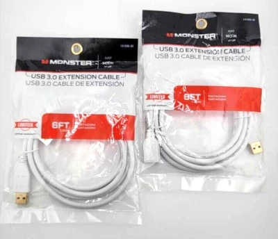 New! 2 Pk Monster 6 Ft High Performance USB 3.0 Extension Cable FREE SHIP! - B11 - Image 1 of 4