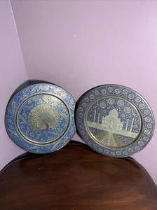 "Juego de 2 bandejas para servir Bombay de latón pavo real/taj Mahal colgantes de pared 9,5""" - Imagen 1 de 6