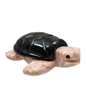 Carved Stone Sea Turtle Tortoise Figurine Black Onyx Pink Marble Decor - Picture 1 of 6