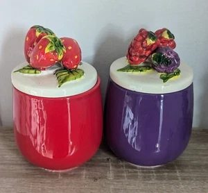 Vintage Preserve Jar With Strawberry & Blackberry Shaped Lids 1980s 2x Jam Jars - Picture 1 of 10