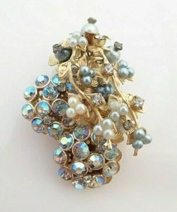 Vintage Haskell Style Faux Pearl Aurora Borealis Rhinestone Brooch Pin - Picture 1 of 7