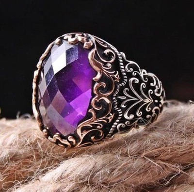 Anillos turcos hechos a mano corte faceta piedra púrpura 925 plata de ley regalo para hombre 004 Foto 1 de 3