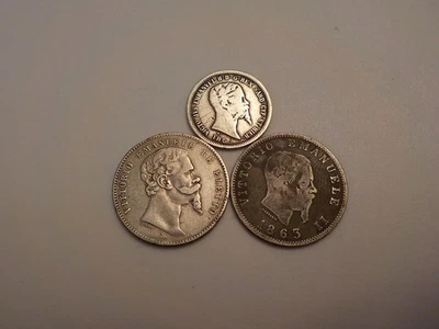 Lot of 3 Silver Italy Coins - Sardinia 1860 50 Centesimi, Tuscany 1860 1 Lira - Image 1 of 4