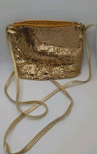 Vintage Whiting and Davis goldfarbene Netz Umhängetasche Handtasche 7"x6" Lederriemen - Bild 1 von 8
