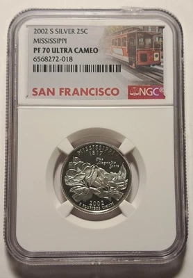 2002-S SILVER MISSISSIPPI STATE QUARTER PROOF NGC PF70 UCAM SMALL CHIP ON CASE - Image 1 of 4