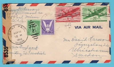 USA censor air cover 1943 Saint Paul to Sweden - Image 1 of 2