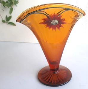 Vintage ~ Hand Painted Floral Amber Glass Fan Vase ~ 7.5" ~ NICE - Picture 1 of 18