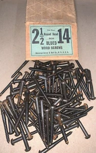 #14 x 2 1/2" VINTAGE BLUED SLOTTED ROUND HEAD IRON WOOD SCREWS 100 ct. - Picture 1 of 2