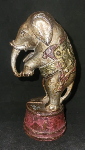Antique Vtg. Cast Iron Piggy Bank Saddeled Circus Elephant Standing on Drum142 Cover