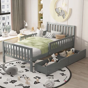 Twin Size Wood Platform Bed Frame with Guardrails on Both Sides 2 Drawers Gray - Picture 1 of 13
