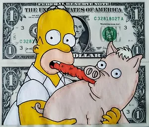 Cerdo araña, Homero Simpson en dólares reales, arte en dólares, arte en dinero, firmado. - Imagen 1 de 3