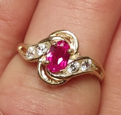 July Birthstone Ring 10k Real Solid Gold Lab Created Ruby and Diamond Ring - Image 1 of 4