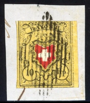 Suiza 1850 10 Rappen Scott# 8 VF 31/2 márgenes usado en pieza ¡Emisión escasa!! Foto 1 de 2