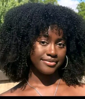 Brazilian Human Hair Afro Kinky Curly Short Bang Wig 18inches - Image 1 of 4