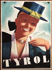 Original Vintage Poster TYROL Austria Austrian Airline Travel Alps Ski 1950s
