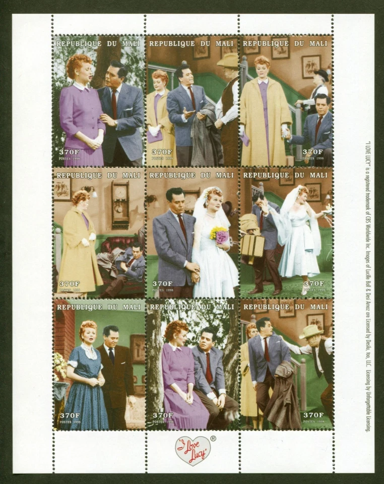 Mali Sc# 1045, Television- I Love Lucy, 1999 VF MNH Sheet of 9 Stamps, No Faults - Image 1 of 1