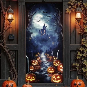 Banner de puerta de Halloween de calabaza y murciélagos aterrador para decoración de interiores/exteriores 35x78 pulgadas - Imagen 1 de 6