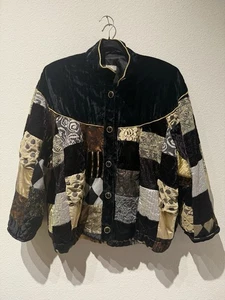 Marguerite Rubel Vintage Quilted Patchwork Jacket Sz Large Black Velvet Lace - Picture 1 of 15