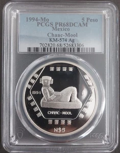 MEXICO SILVER 5 PESO PROOF COIN 1994 YEAR KM#574 CHAAC MOOL PCGS PR68 - Picture 1 of 4