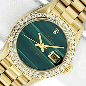 ROLEX LADIES PRESIDENT MALACHITE DIAL 18K YELLOW GOLD QUICK-SET DIAMOND WATCH - Picture 1 of 12