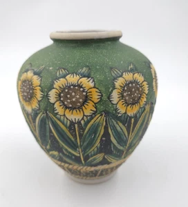 Vintage Chinese Sunflower Floral  Yellow Green Vase Hand Painted - Gorgeous - Picture 1 of 4