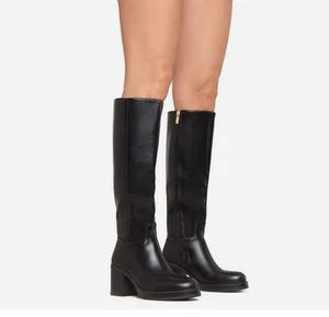Oakes Block Heel Knee High Long Boot In Black Faux Leather - Never Worn - Picture 1 of 5