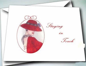 6 NOTE CARDS W/ ENVELOPES (STAYING IN TOUCH) ON FRONT W/ RED HAT LADY - Picture 1 of 1