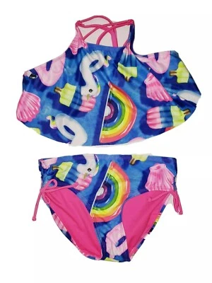 Justice Girls Size 12 Pink Blue Unicorn Flounce Spaghetti Top 2 Piece Swimsuit - Image 1 of 4