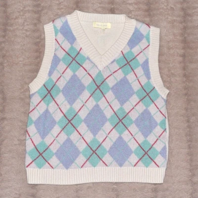 Hazel Moon Youth Girl's Sweater Vest, Argyle Beige Blue Green Red Size Large - Image 1 of 4