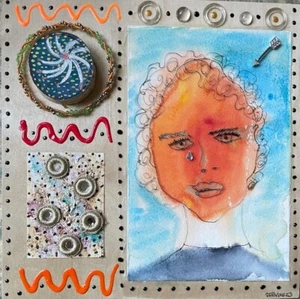 Mixed Media original art 10x 10" collage assemblage on board crying girl sadness - Picture 1 of 3