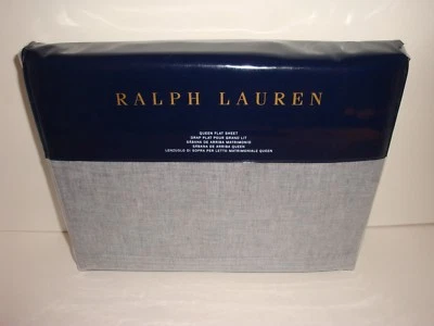 Ralph Lauren Cary Queen Flat Sheet Essex Blue Cotton Linen $145 - Image 1 of 4