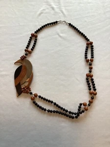 Vintage Wood Bead Bird Necklace Brown Tan Black Gold Tone 18 in - Picture 1 of 4
