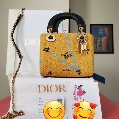 Multicolored Lady Dior Yellow Embroidered Canvas gold Hw Beaded Sword Mini Bag  - Image 1 of 4