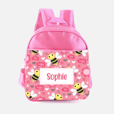 Personalised Bumble Bee Be Happy Pink Girls Kids Backpack, Childrens School Bag