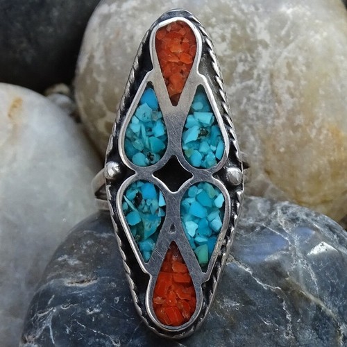 Vintage Native American Crushed Turquoise Coral Chip Mosaic Inlay Ring Size 6