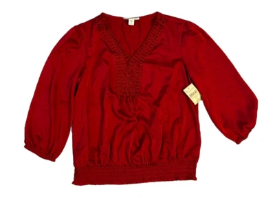 Coldwater Creek Solid Linked Rings Blouse Red W/ Elastic Waist PS Size 8 NWT - Image 1 of 3