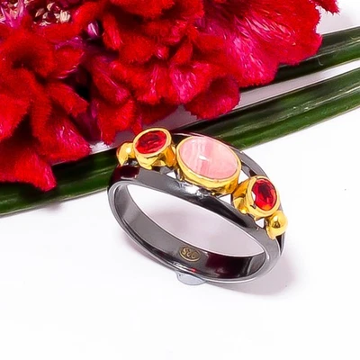 Anel de prata esterlina 925 folheado a ouro preto e granada rodocrosita e vermelha p.9 S4 - Imagem 1 de 4