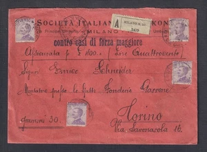 ITALIA 1920 4x50c EMISIONES EN PORTADA DE CARTA DE DINERO REGISTRADO MILANO A TORINO - Imagen 1 de 2