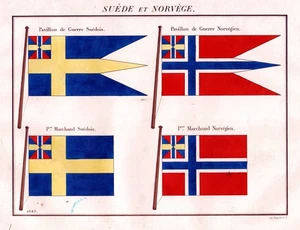 Sverige Noruega Suecia Bandera Bandera Marina Naval Bandera Marítima Litografía 1820 - Imagen 1 de 1
