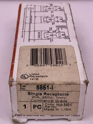 PASS & SEYMOUR LEGRAND 5851-I  Ivory Single RECEPTACLE 20A 250V factory box - Image 1 of 4