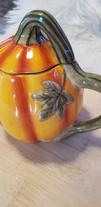 MESA Ceramic Pumpkin Teapot with Leaf Design and Lid. Handcrafted  6" - Picture 1 of 8