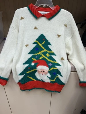 Suéter branco vintage Club Classics Natal Papai Noel árvore de Natal tamanho médio - Imagem 1 de 3
