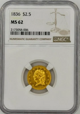 1836 $2 1/2 ORO CLÁSICO BLOQUE CABEZA 8 VARIEDAD CUARTO ÁGUILA NGC MS62 8XXFC25 Foto 1 de 4
