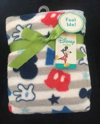 Disney Bebé Mickey Mouse Manta Estrellas Rayas Peluche Nuevo Gris Azul Rojo Guante Foto 1 de 3