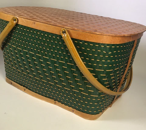 Vintage ￼Italian style, Picnic Basket Woven Green Wicker,  Made In Iowa Cover