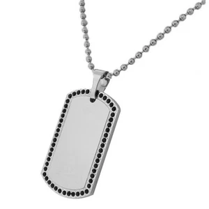 Stainless Steel Dog Tag Black Crystals Necklace Pendant with Chain - Picture 1 of 3