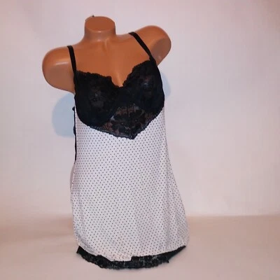 Victoria Secret Lencería Chemise Slip Babydoll XL Negro Blanco Lunares Modal Foto 1 de 4