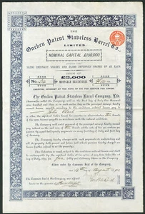 Oncken Patent Staveless Barrel Co. Ltd., £[10] debenture, 1893 - Picture 1 of 1