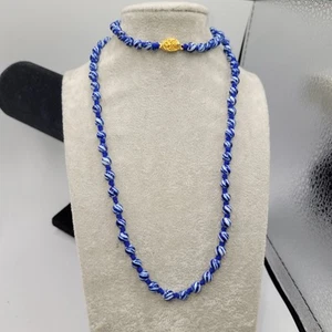 Vintage 60s Chinese Export Beads, Blue Glass Hand Knotted ,Box Clasp 26" - Picture 1 of 6