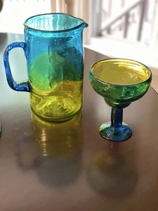 Crate & Barrel Glass Salud Pitcher Recycled Glass Blue Yellow Hand Blown 8.5” - Picture 1 of 7